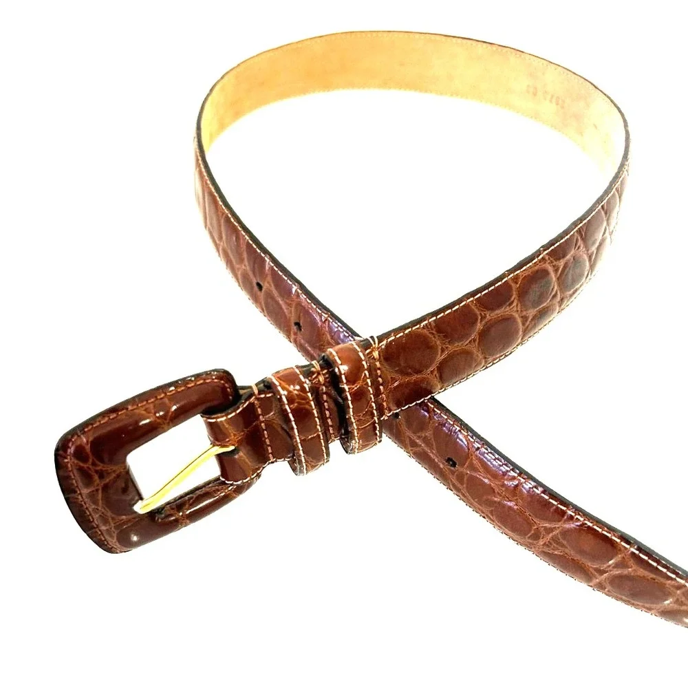 1990s Calfskin Leather Croc Belt Size Small Brown Embossed Made in USA NEW